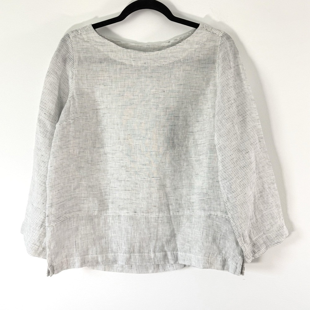 Tahari Top Womens Small Gray Boat Neck Long Sleeves Linen Striped Coastal New